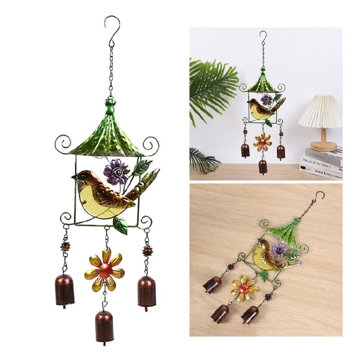 Paitned Bird Butterfly Metal Glass Wind Chimes Garden Wind Catcher for Outside Hanging Pendant Ornament Home Window Decor