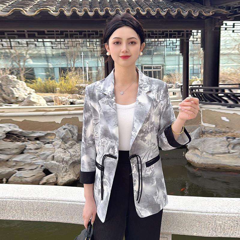 Spring and summer new large-size women's lace-printed blazer female slim and thin versatile thin small suit top
