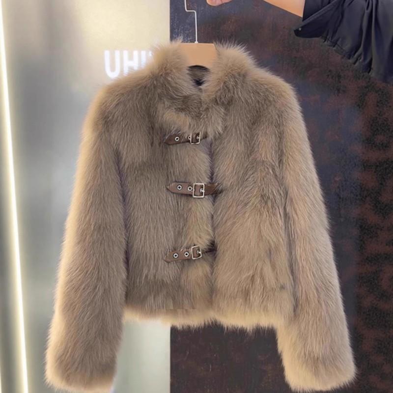 Womens Faux Fox Fur Collarless Coat Winter Warm Outerwear With Leather Trim Sweet Chic Style