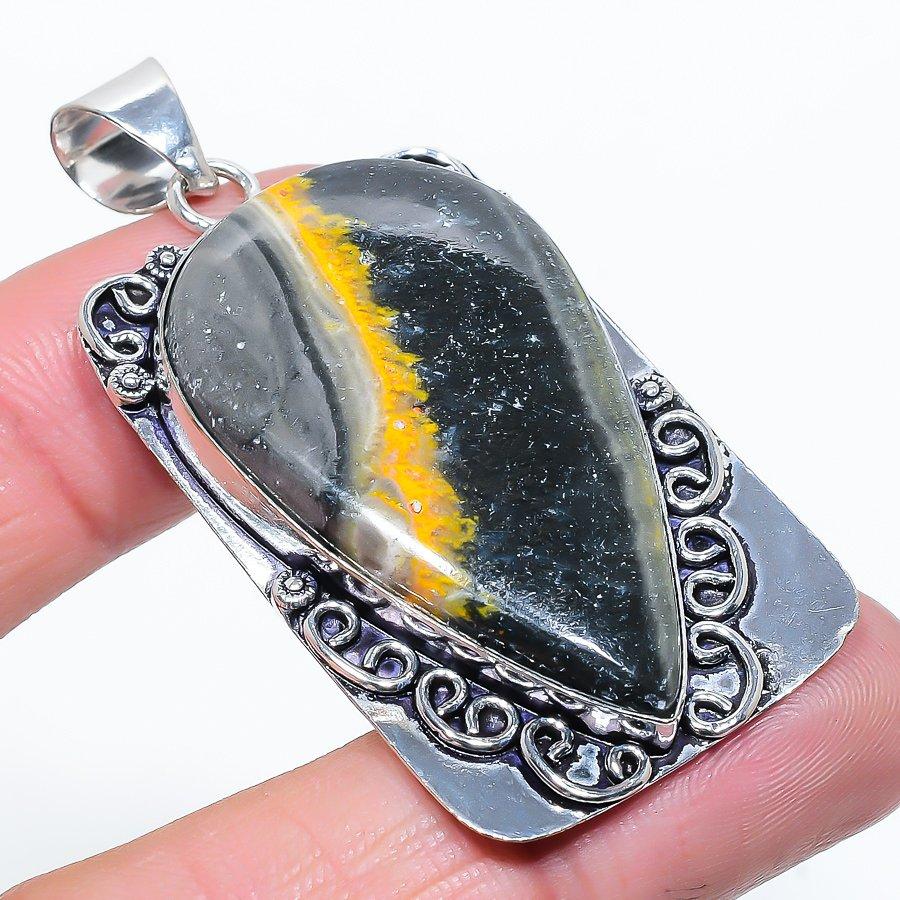Bumblebee Jasper Gemstone 925 Sterling Silver Jewelry Pendant 2.36" e8W31