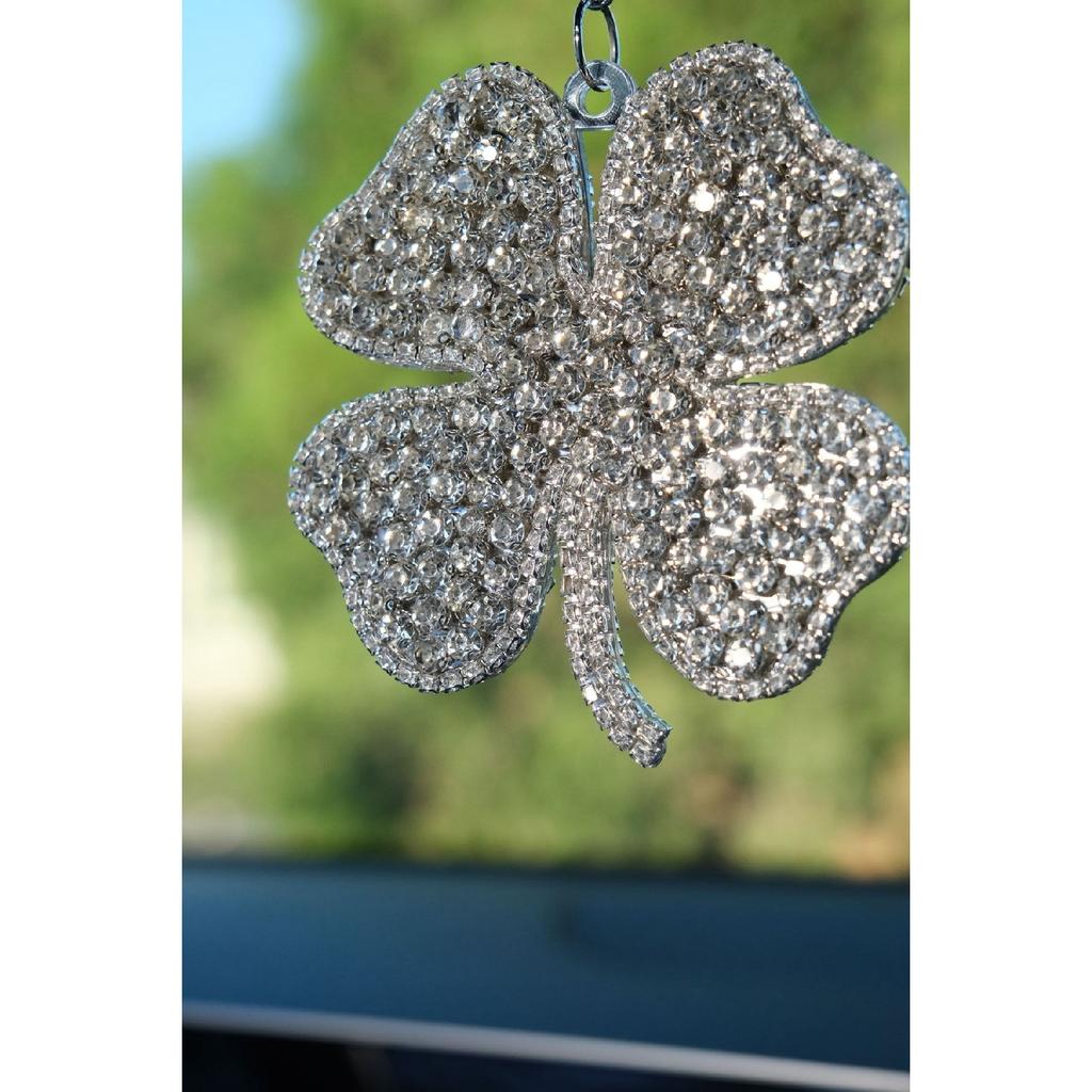 Silver Clover Full Stone Rearview Mirror Ornament