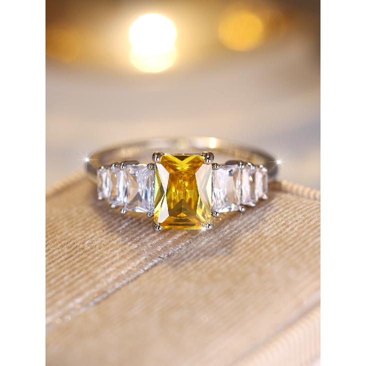 European and American style pillow-shaped yellow diamond ring with a stepped diamond design Multi-stone, elongated yellow cubic zirconia ring jewelry