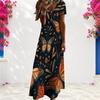 Women Plus Size V Neck Short Sleeve Butterfly Floral Printed Straight Maxi Dress