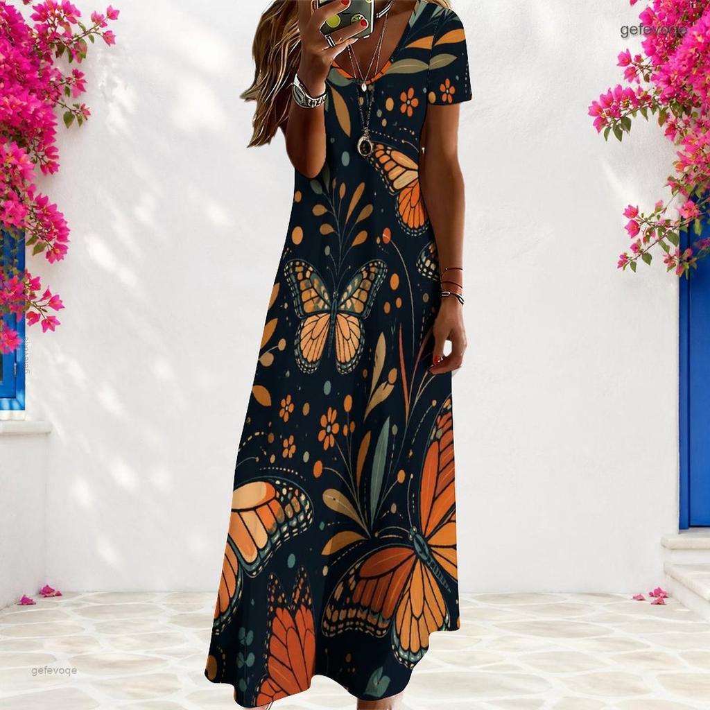Women Plus Size V Neck Short Sleeve Butterfly Floral Printed Straight Maxi Dress