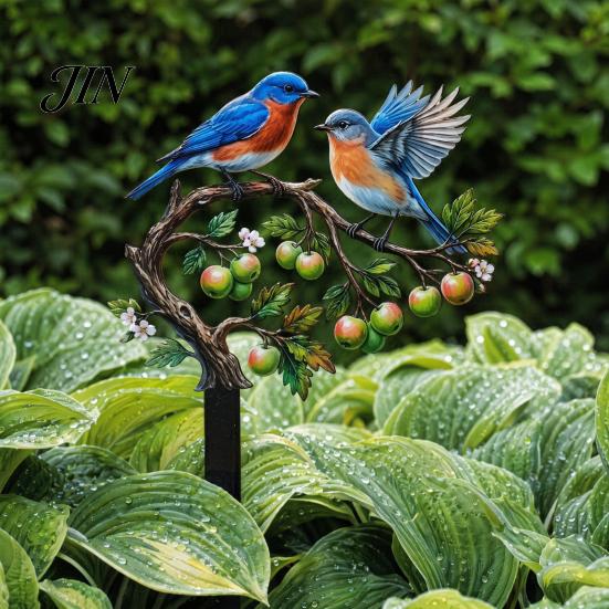 Vibrant Bird Ornament for Lawn Ground Stake, And Fruit Tree Shape, Waterproof Coating Thickened Realistic Painted Yard Decor Iron Outdoor Flower