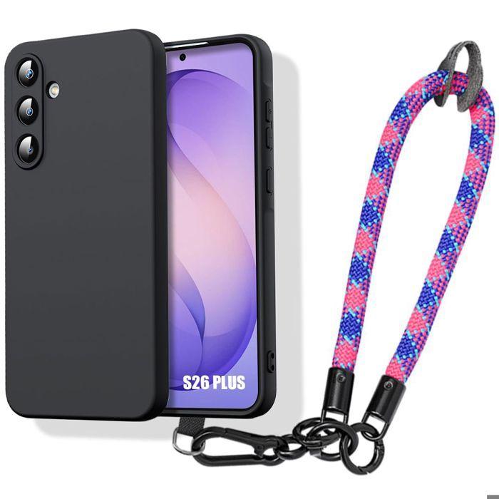 Coque pour Samsung Galaxy S26 Plus, Antichoc Silicone Noir avec Bracelet Tricolore Amovible