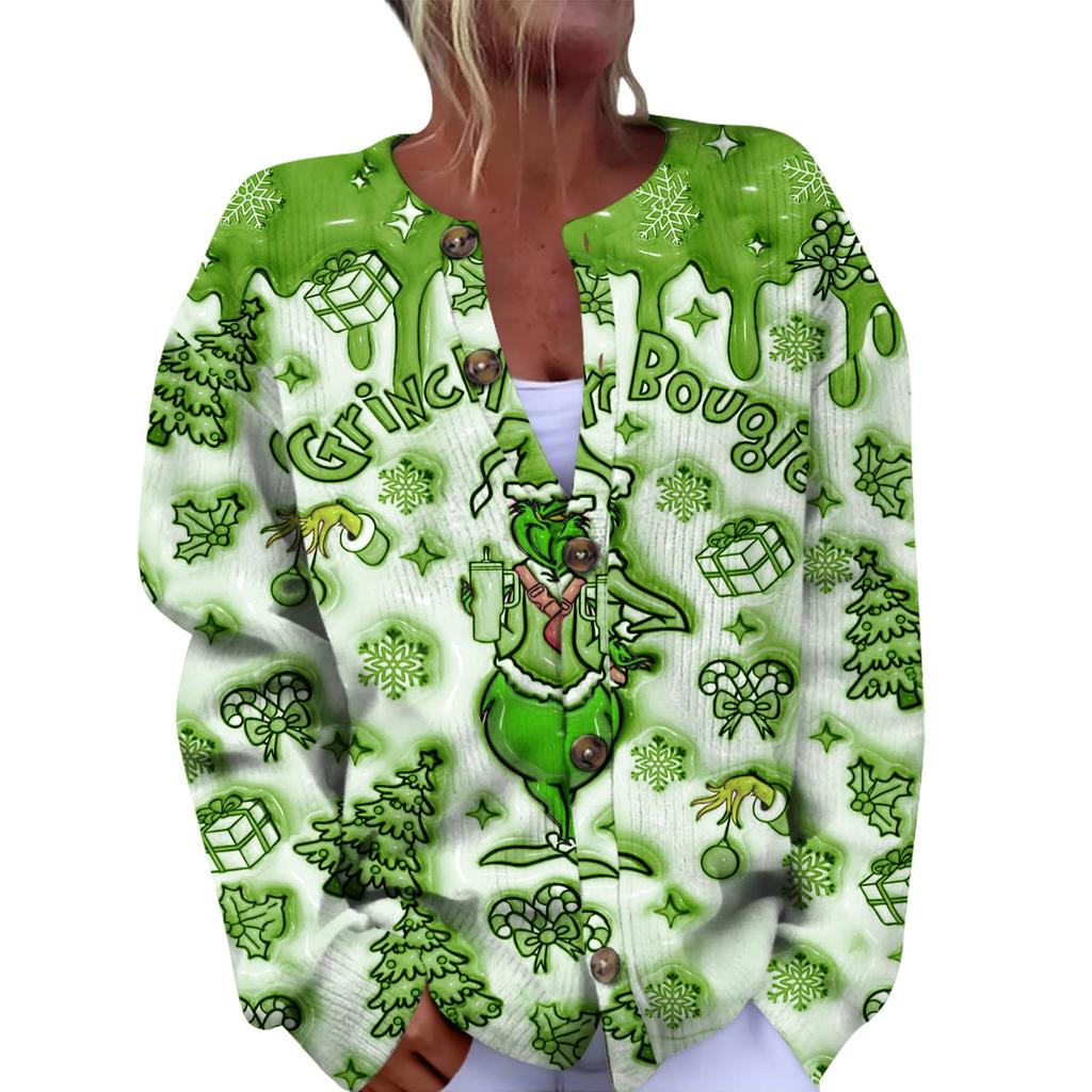 Women's Fashion Christmas Printed Long Sleeve Knitted Cardigan Button Down Jacket