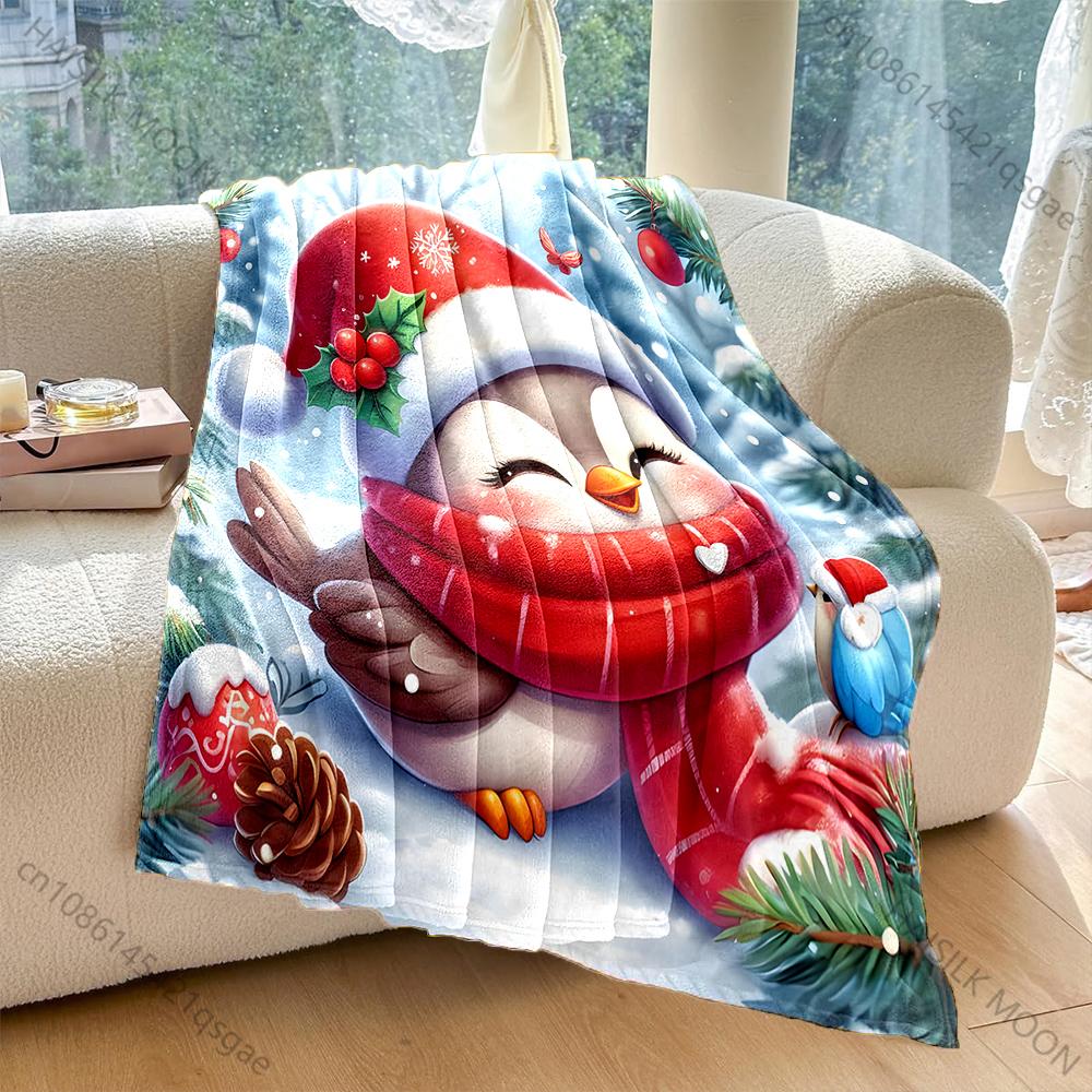 1PC Festive Penguin with Red Scarf Pattern Blanket Flannel Material Soft Warm for All Seasons Home Outdoor Camping Picnics RV