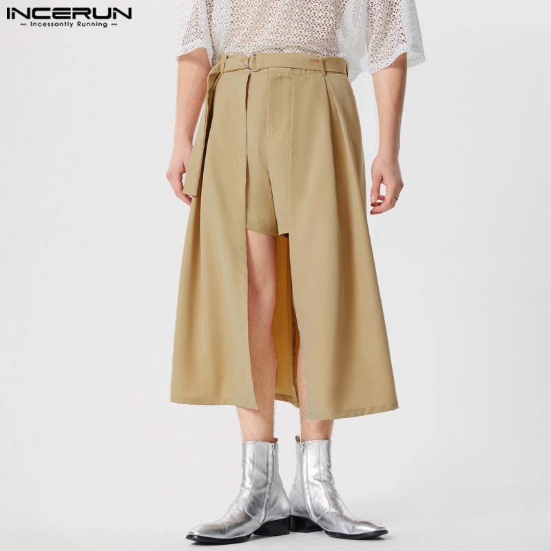 INCERUN Men Solid Color Zipper Up Belted Shorts Skirts Irregular Kilts