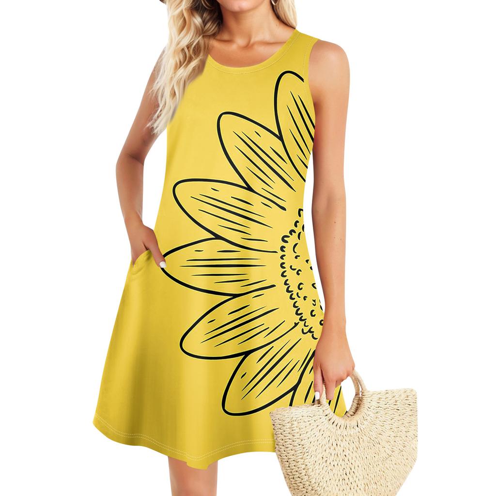 Summer Dresses For Women Beach Boho Sleeveless Vintage Printing Flowy Pocket Tshirt Tank Sundresses