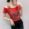 Sexy One-length Women's New Ironing Diamond T-shirt Temperament Mesh Shirt Scheming Off-shoulder Top Summer
