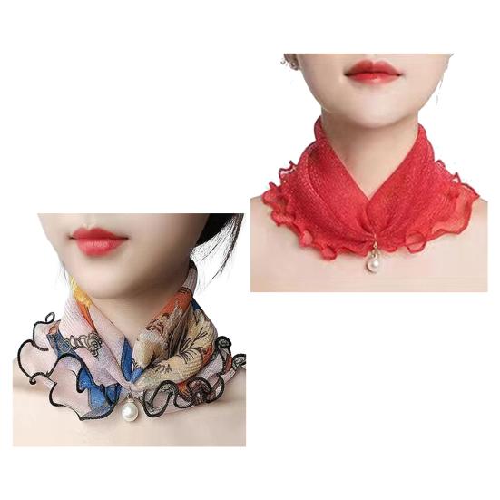 2Pcs Women Faux Silk Scarf Printing Faux Pearl Decor Lace Trim Lightweight Scarf Hand Strap Accessory