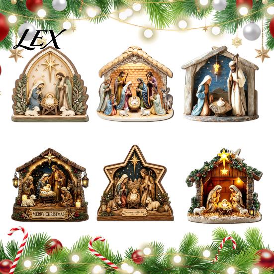 Holiday Home Tabletop Accents Nativity Scene Wooden Sign, Christmas Manger Holy Family Figurine Decor, Traditional Table Centerpiece Religious