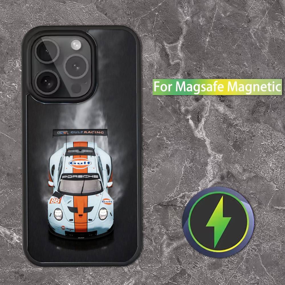 Чехол для телефона Star G-Gulf Racing Car для iPhone 16, 15, 14, 13, 12, 11, Pro, Max, Plus, Mini, SE Магнитная беспроводная зарядка Magsafe