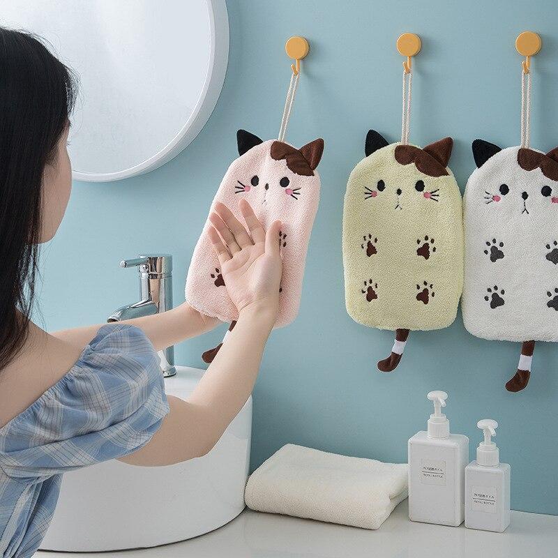 Strong Absorbent Hanging Cat Embroidery Towel Home Decor Dual-use Coral Velvet Hand Towel Bathroom Supplies Towel