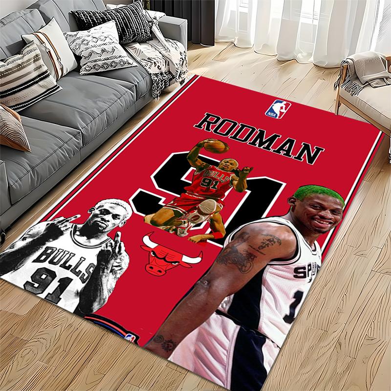 Sports Area Rug, Dennis Rodman Bulls 91 Red Green Hair Collage NBA Poster, Fan Cave Decor, Non-Slip Mat
