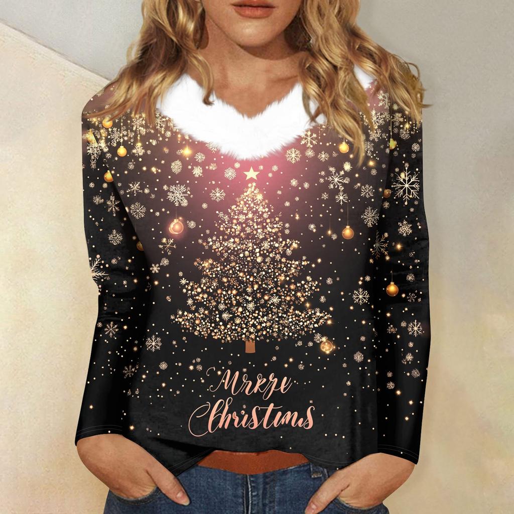 Women's T Shirt Shirt Long Sleeve Christmas Party Printed Plush Collar V Neck  Top