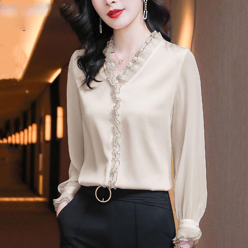 Элегантная женская шифоновая рубашка корейская блузка офисная кружевная сетка длинный рукав оборки V-образный вырез топы повседневные винтажные пуловеры блузы