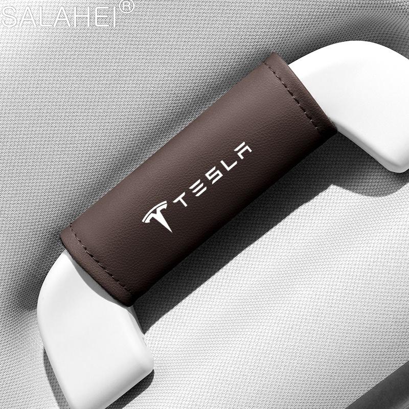 ALN1 Car Roof Armrest Pull Handle Gloves Soft Leather Handle Protect Cover For Tesla Model 3 Model Y Model S Model X Auto Accessories