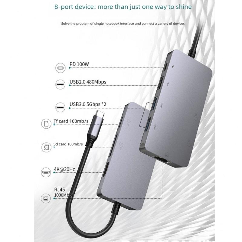 Высокоскоростная USB-C док-станция с поддержкой HDTV 8K, порт USB 3.0, гигабитный Ethernet, быстрая зарядка PD 100 Вт, кардридер