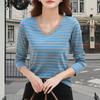 Stripe Print Women Tshirts Ladies Tops Long Sleeve V-neck Pullover Femme T-shirts T Shirt For Women