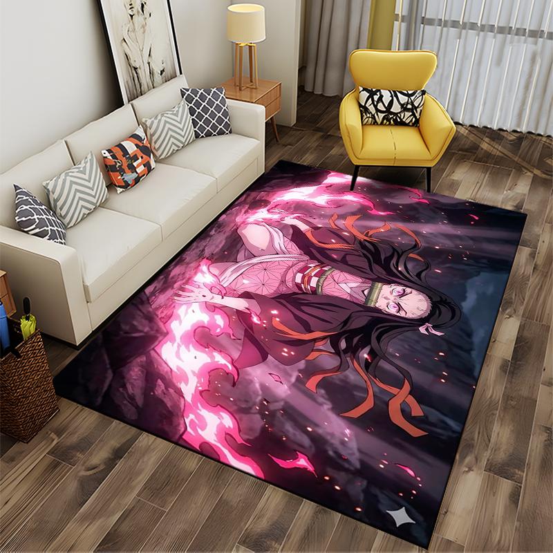 Anime Girl with Long Hair and Fiery Pink Background Floor Carpet Rug Suitable for use as an anti-slip for living room bedroom sofas