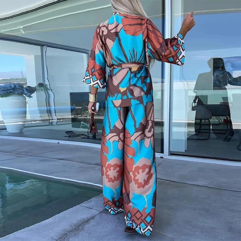 Повседневный узор с принтом, свободный, из двух частей, пижама, на шнуровке, кардиган, топы, длинные брюки, комплект для отдыха, пижама для женщин, пляжный наряд для отдыха