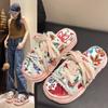 Fashion Thick Bottom Graffiti Slippers Women Summer Wear New Lace-up Beach Flip-flops Canvas Flip-flops