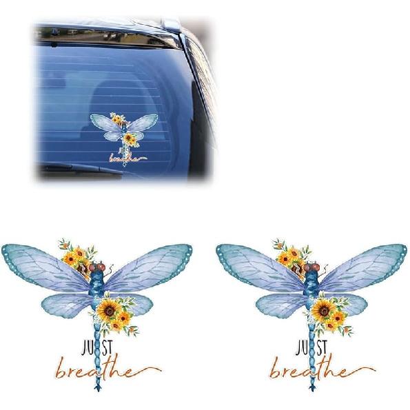 Just Breathe Dragonfly Car Sticker Decal, Vinyl Waterproof Automotive Window Sticker, Vintage Sun Flower Vehicle Bumper Decal, Positivity Auto