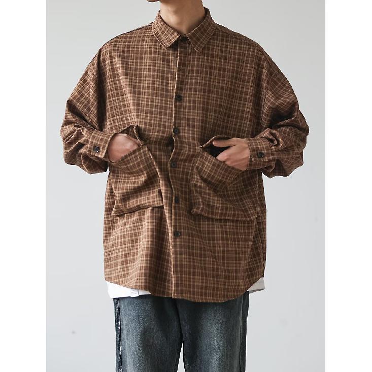 Рубашка в японском стиле в стиле ретро с большим карманом, с длинными рукавами, для мужчин и женщин, винтажная, с несколькими карманами, контрастного цвета, для пары, рубашка, пальто