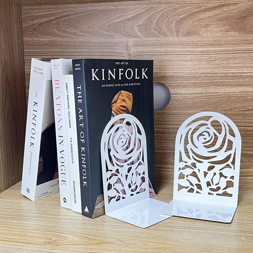 2Pcs Metal Rose Bookends Hollow Design Book Stoppers Durable Book Supports Study Room