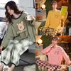 2PCS/Set Autumn and Winter Pajamas Female Long-Sleeved Cartoon Bear Casual Girl Homewear Easy To Clean Plaid Green Sleepwear