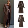 2024 Women New Fashion With Belt Long Style Single Breasted Faux Leather Coat Vintage Long Sleeve Pockets Female Outerwear