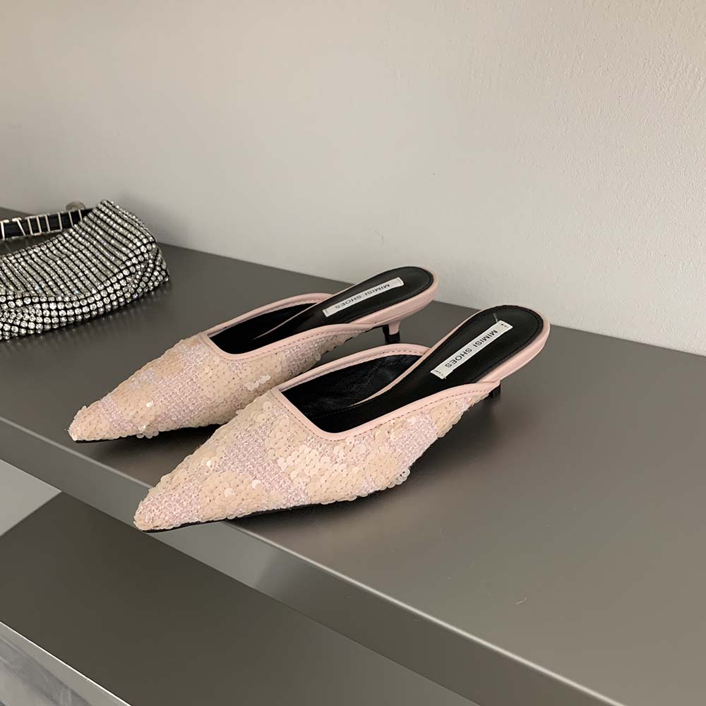 Fashion Fashion Women Slides Slippers Pointed Toe Sequined Cloth Party Dress Shoes Thin Low Heeled Black White Pink Fashion Dress Shoes