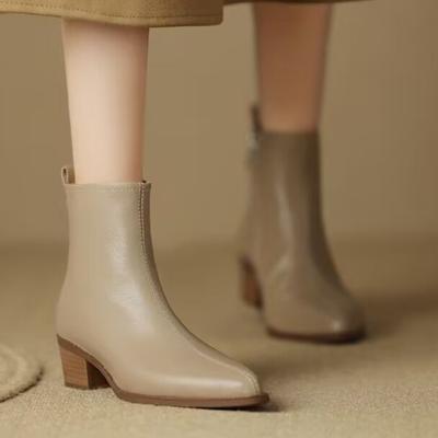 Мода 2024 года, новые осенне-зимние женские туфли из натуральной кожи, остроносые ботинки на толстом каблуке для женщин, модные короткие ботинки Zapatos De Mujer