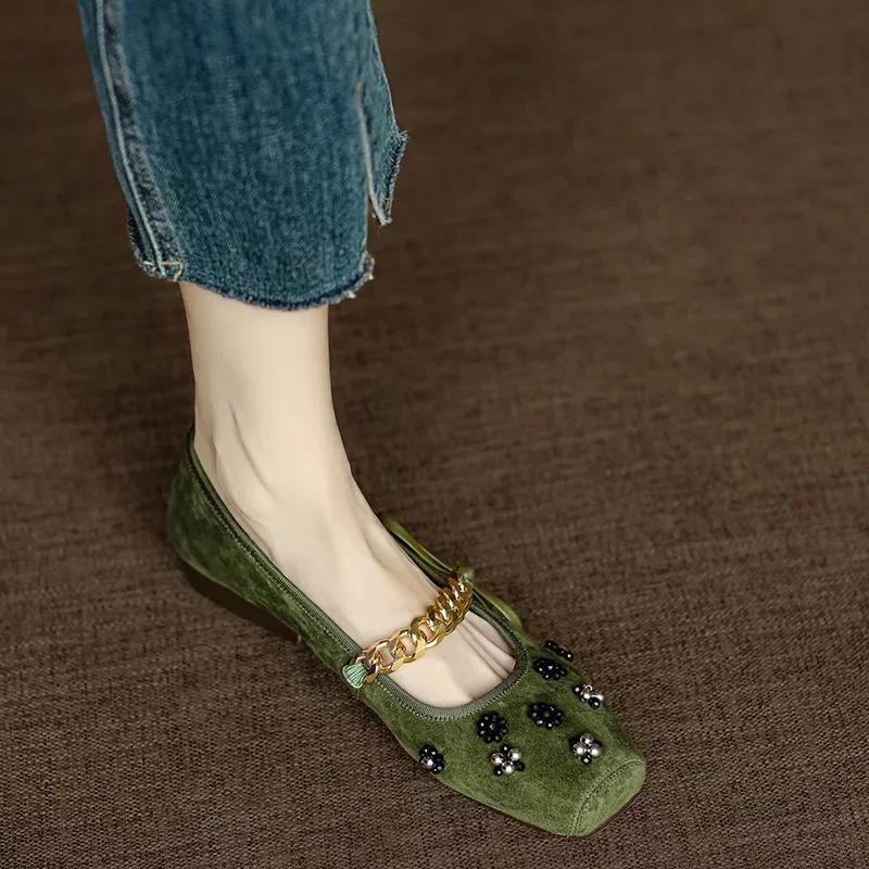 Fashion New Square Toe Women's Shoes Flower Decoration Chain Bow Knot Flats for Women Mary Jane Shoes Comfortable Women's Shoes Zapatos