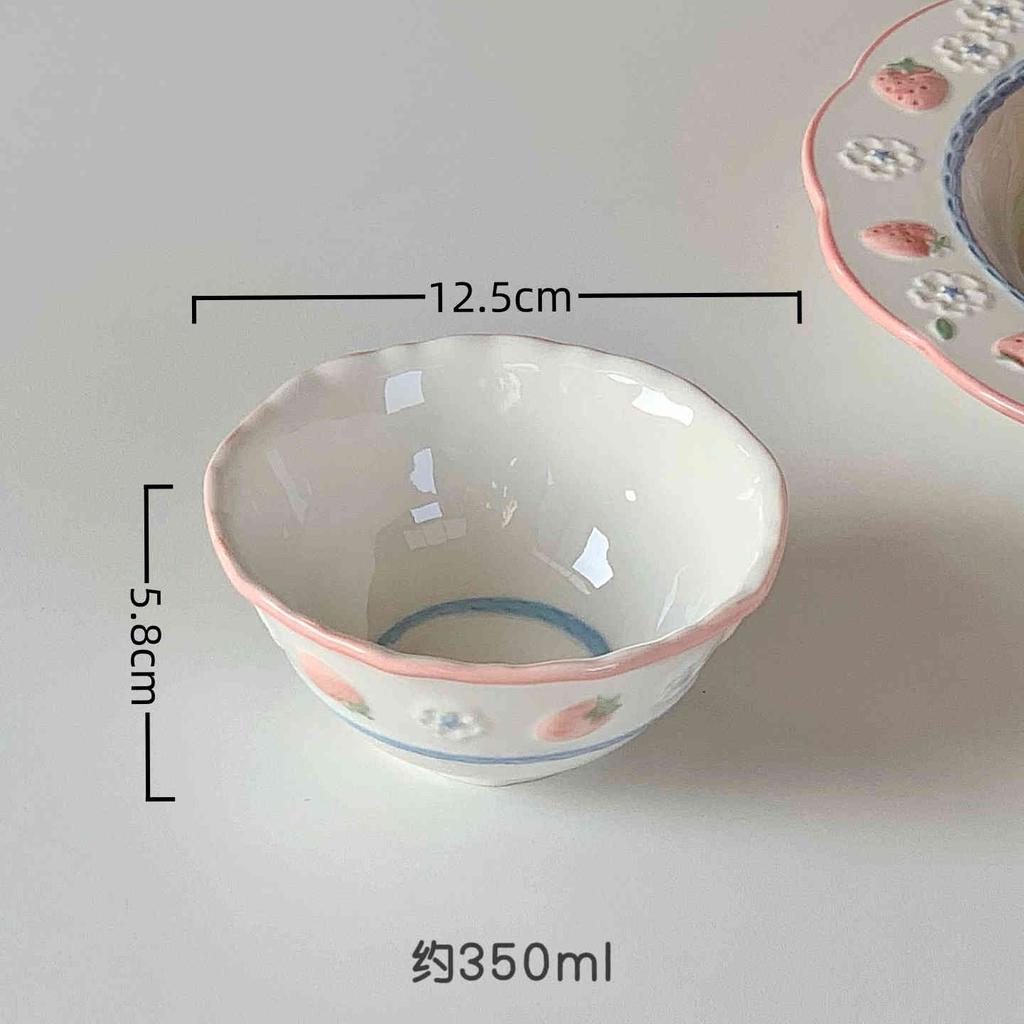 Подглазурная рельефная керамическая посуда с клубникой, бытовая, миска для риса, круглая тарелка, овальные тарелки, блюдце для соуса, ложка, подарок