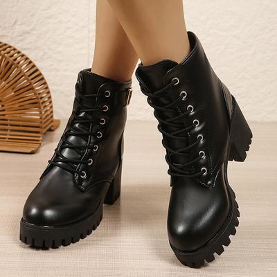 Модные женские ботильоны на толстом каблуке, черные, из искусственной кожи, ботинки в стиле милитари, женские, осенне-зимние, на высоком каблуке, на платформе, ботильоны женские 2025