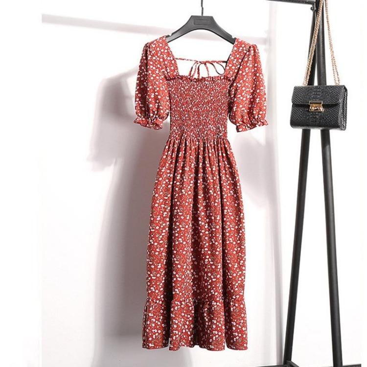 Женское летнее платье с цветочным принтом, повседневное, с квадратным воротником, плиссированная талия, облегающее, средней длины, белое, размеры S-XL