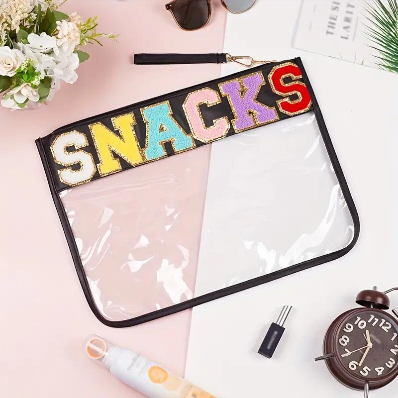 Transparent PVC Zipper Snack Bag with Embroidered Letters - Portable PU Waterproof Makeup and Toiletry Handbag