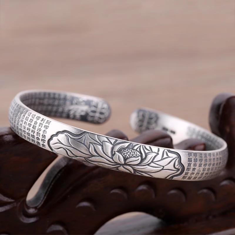 Thai Silver Heart Sutra Lotus Jackfruit Bracelet - Black Lotus Openwork Design