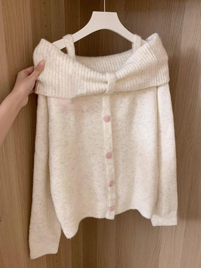 2025 Sweet Off-Shoulder Knit Sweater for Women - Korean Autumn/Winter Style