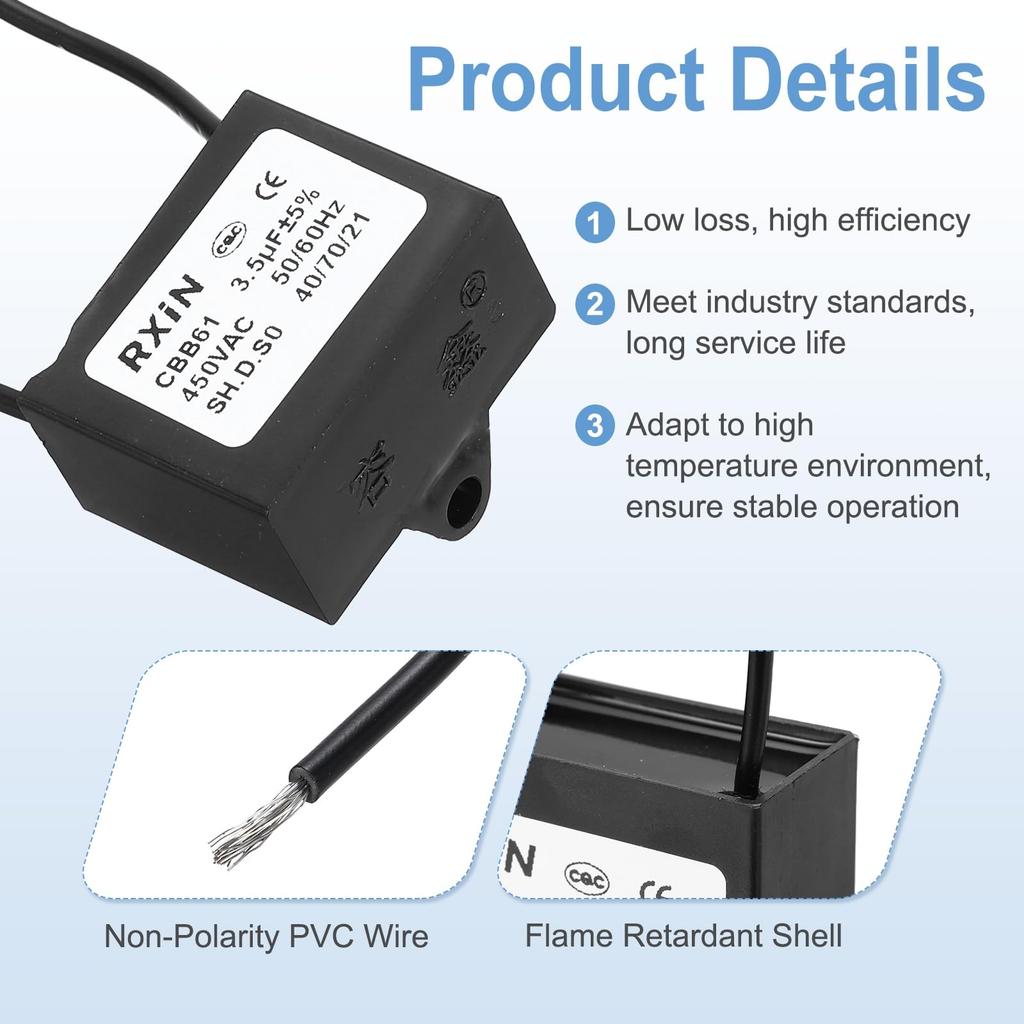 uxcell Конденсатор CBB61 3,5 мкФ 450 В 2-проводной Пусковой конденсатор двигателя потолочного вентилятора Потолочный вентилятор Двигатель Генератор Вентилятор Вытяжной вентилятор Черный