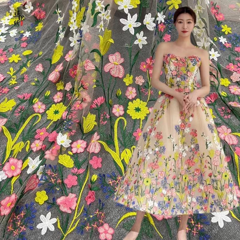 Colorful Floral Embroidery Lace Fabric Sewing for Bridal Dress Gown 90*150cm