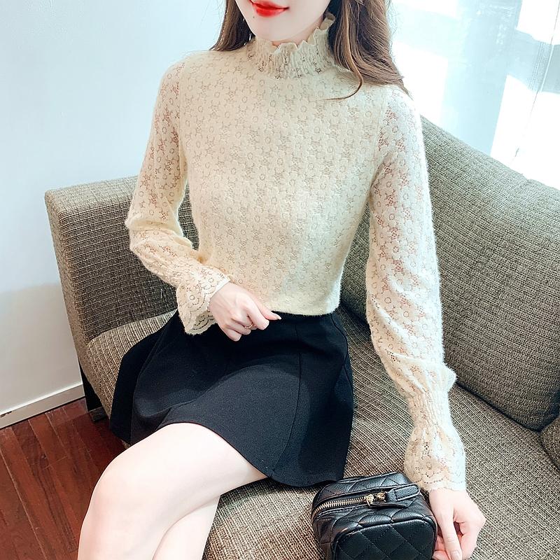 Осень-зима, новинка 2024 года, водолазка с длинным рукавом, тонкая абрикосовая бархатная кружевная блузка, рубашка, женские топы, блузки, рубашки J762