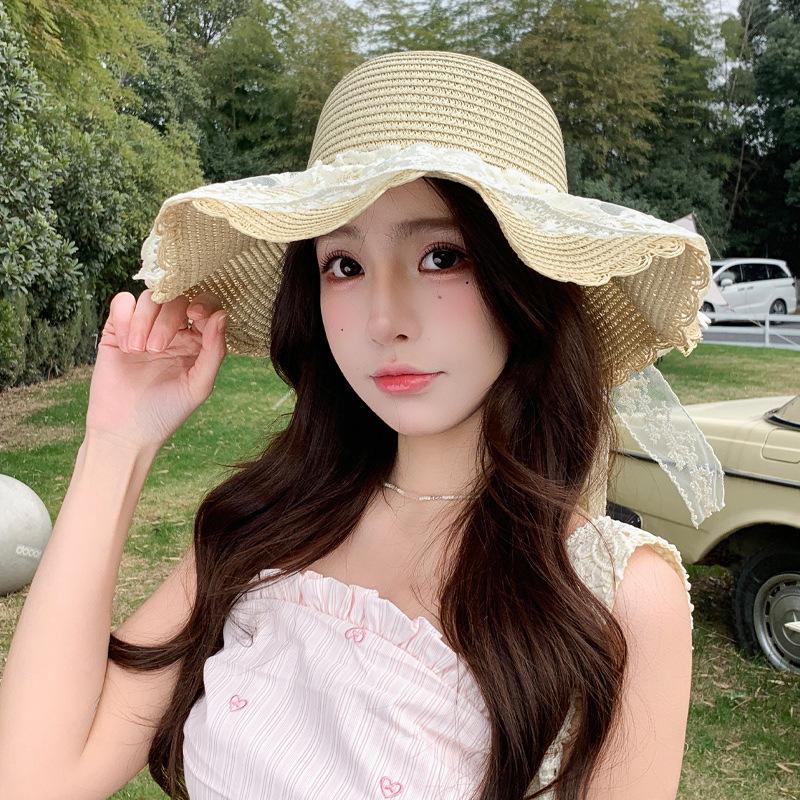 Summer seaside beach hat women's sweet bow lace strap sun hat children's fashion sunshade sunscreen hat