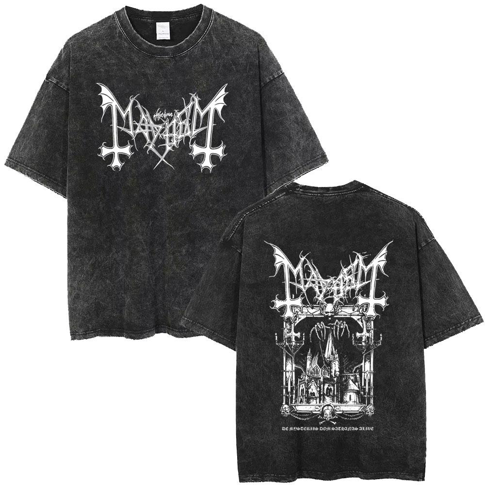 Washed Vintage Rock Band Mayhem Double Sided Print T-shirt Death Black Metal T Shirts Retro Gothic Punk T-shirts Unisex