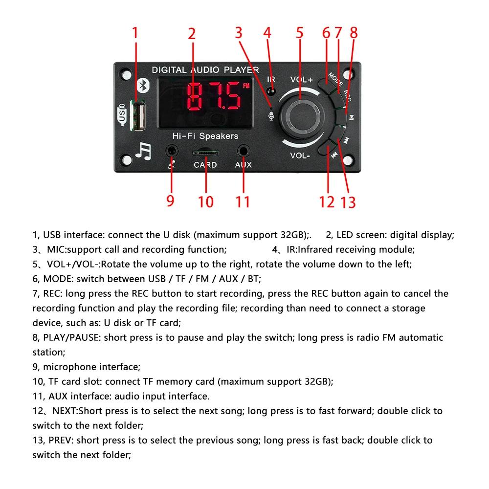 2*50 Вт DIY цифровой усилитель Bluetooth 5,0 MP3 декодер плата автомобильный MP3 музыкальный плеер USB FM-радио TF карта микрофон Aux модуль записи