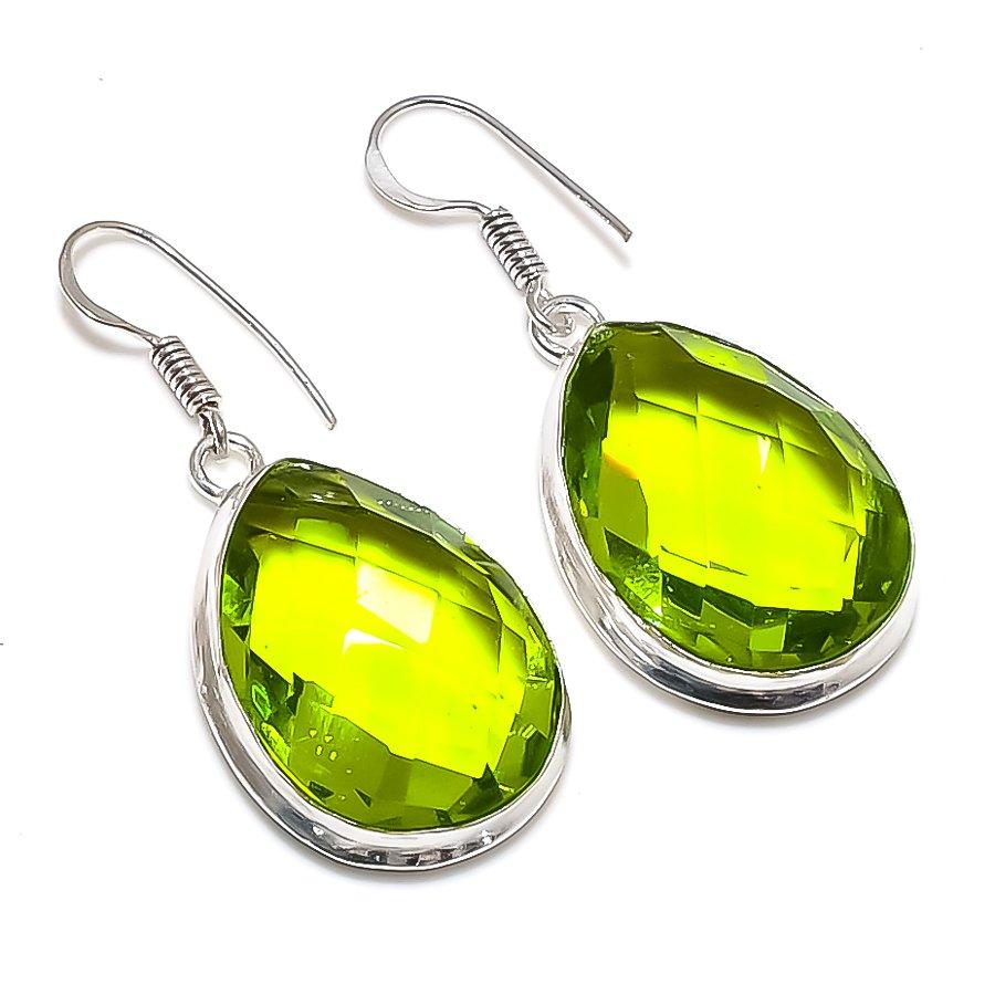 Peridot Gemstone Handmade 925 Sterling Silver Jewelry Earring 1.77" z2H95