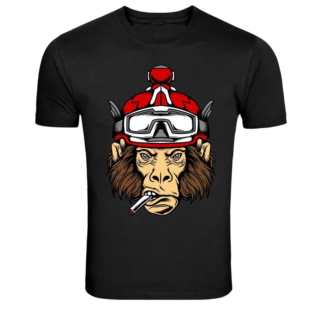 Biker Monkey Helmet Smoking Rider Graphic T-Shirt